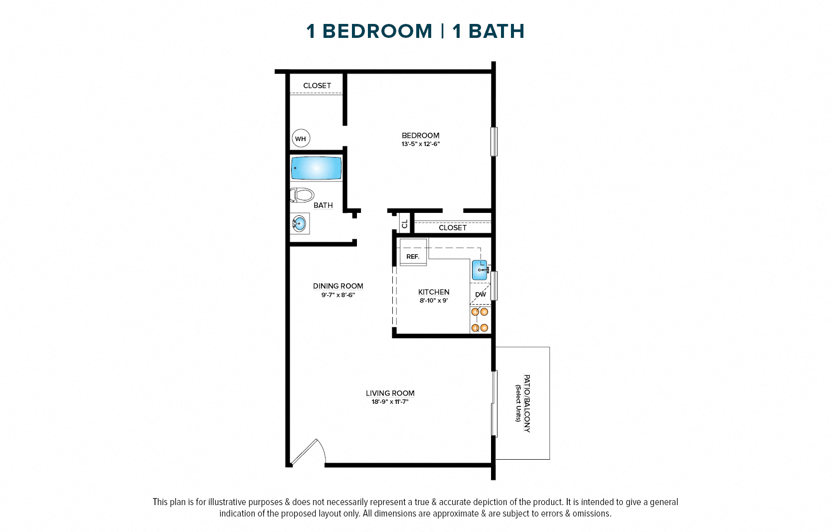 Floor plan for 1 bed, 1 bath, 712 sqft